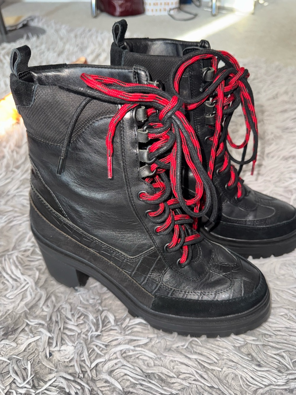 New Gianni Bini Throwback Leather Combat Boots Black Red Laces 7.5